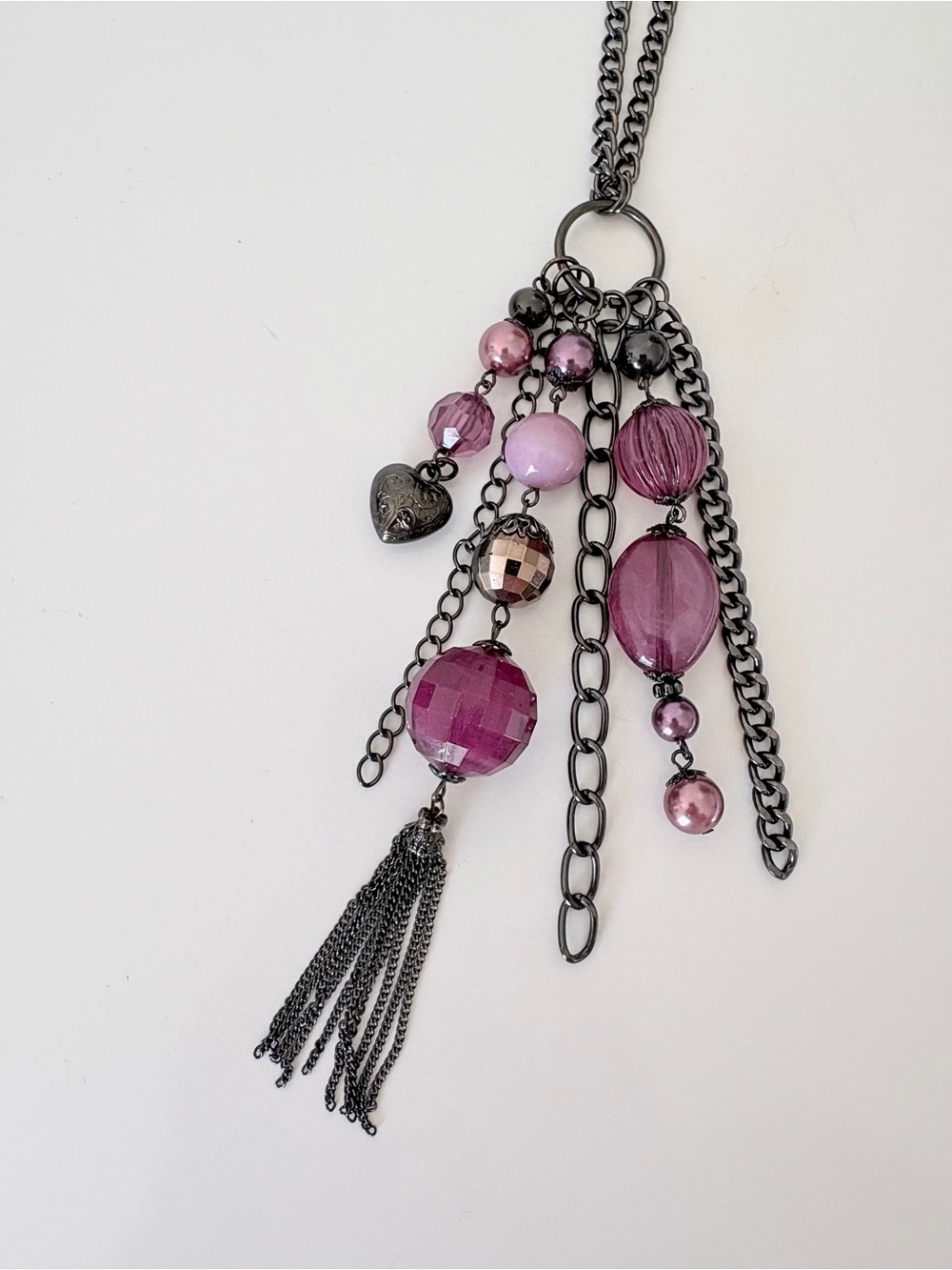 Gunmetal Long Chain Necklace with Purple Beads 40”